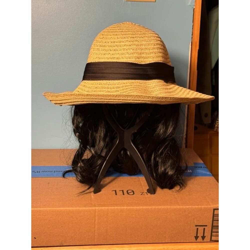 Straw Sun hat with Hair (Wig) Attached Dark Black Color Hair